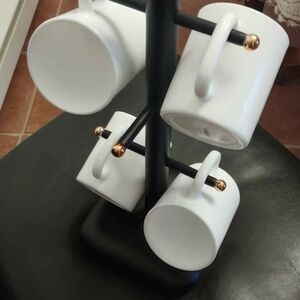 Chic White Mug Set with Black Stand NEW
